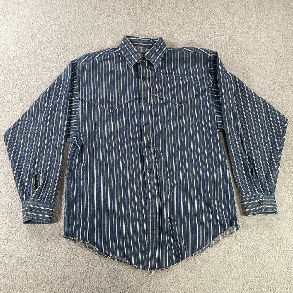 Vtg Panhandle Slim Shirt Mens Size M Long Sleeve Button Up Denim Blue Stripe USA